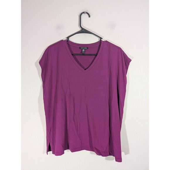 Eileen Fisher Womens Purple V-Neck Short Sleeve Top Sz XS Oversized Lagenlook - Picture 1 of 6